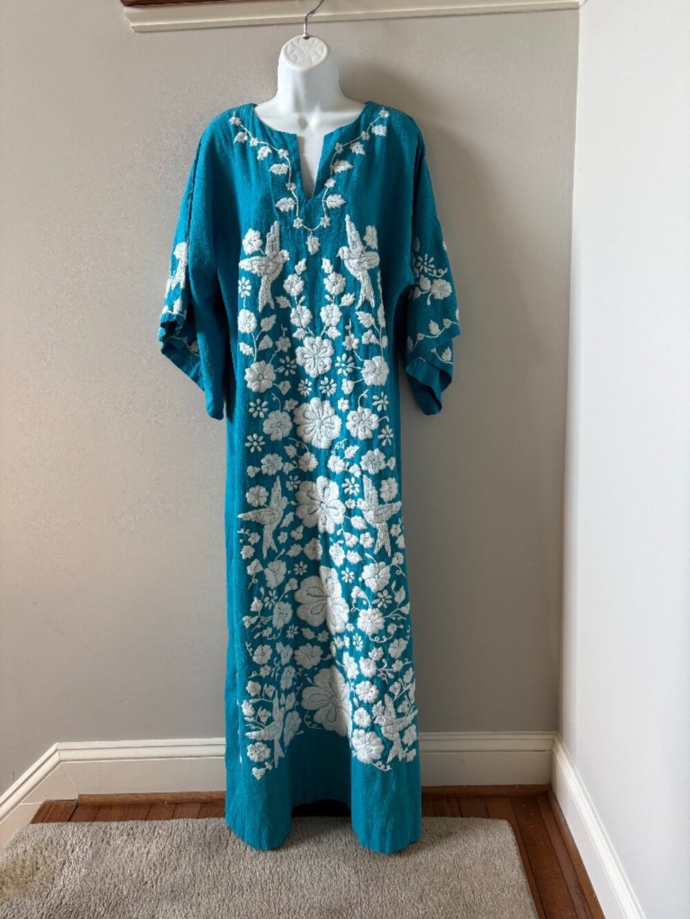 Gorgeous Turquoise Cotton Maxi Dress with White Embroidery, Medium